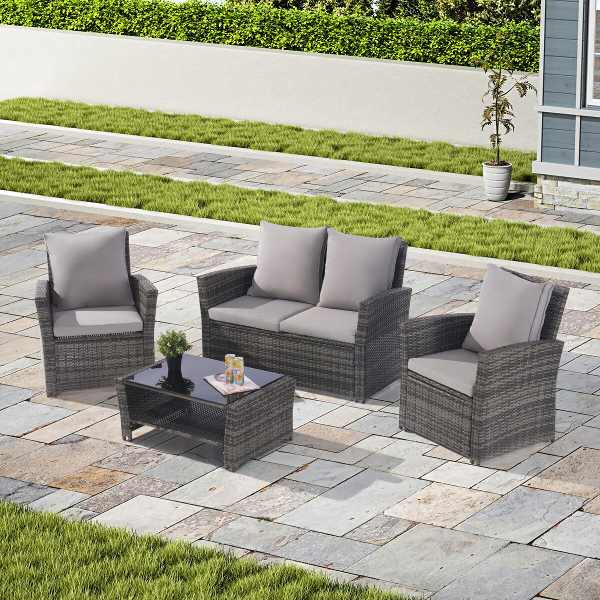 4 Pieces Patio Furniture Sets Rattan Chair Wicker Set, Poolside Lawn Chairs with Tempered Glass Coffee Table Porch Furniture