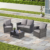 4 Pieces Patio Furniture Sets Rattan Chair Wicker Set, Poolside Lawn Chairs with Tempered Glass Coffee Table Porch Furniture