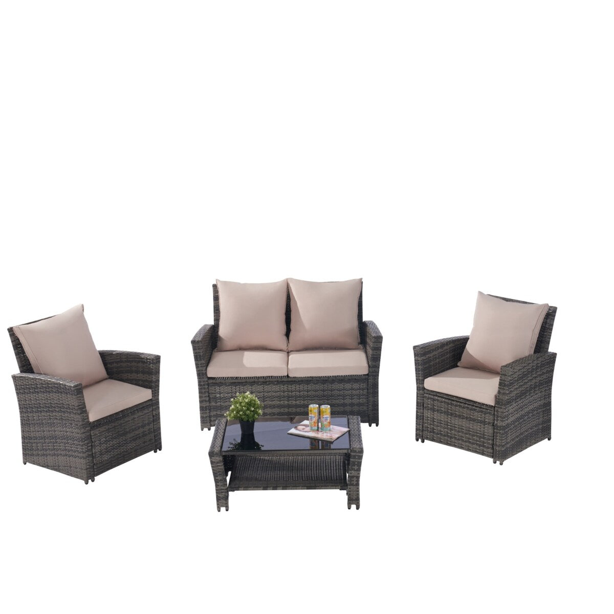 4 Pieces Patio Furniture Sets Rattan Chair Wicker Set, Poolside Lawn Chairs with Tempered Glass Coffee Table Porch Furniture