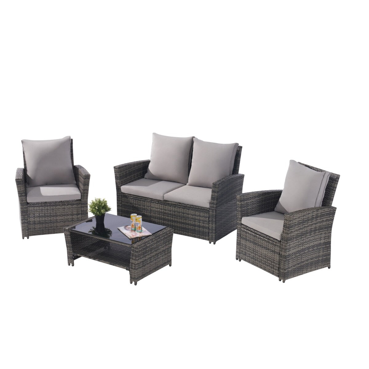 4 Pieces Patio Furniture Sets Rattan Chair Wicker Set, Poolside Lawn Chairs with Tempered Glass Coffee Table Porch Furniture