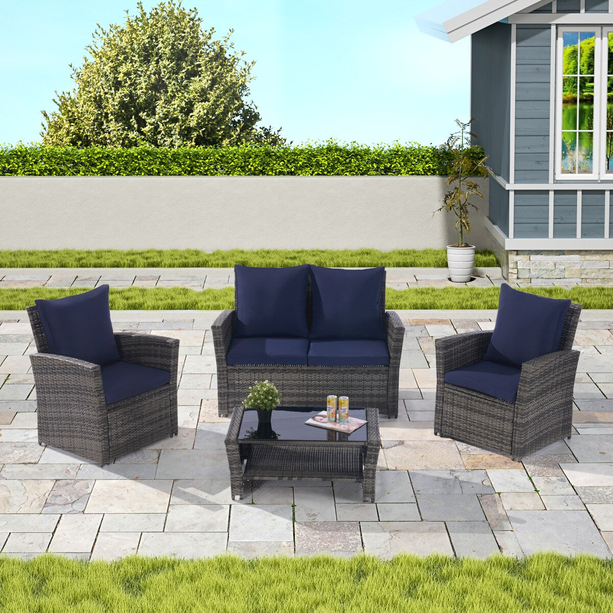 4 Pieces Patio Furniture Sets Rattan Chair Wicker Set, Poolside Lawn Chairs with Tempered Glass Coffee Table Porch Furniture