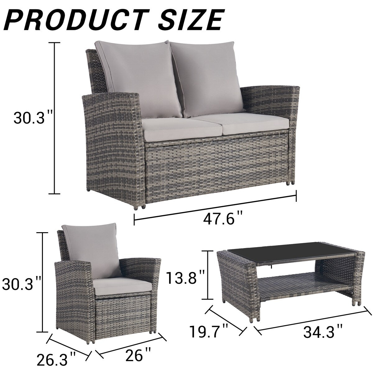 4 Pieces Patio Furniture Sets Rattan Chair Wicker Set, Poolside Lawn Chairs with Tempered Glass Coffee Table Porch Furniture