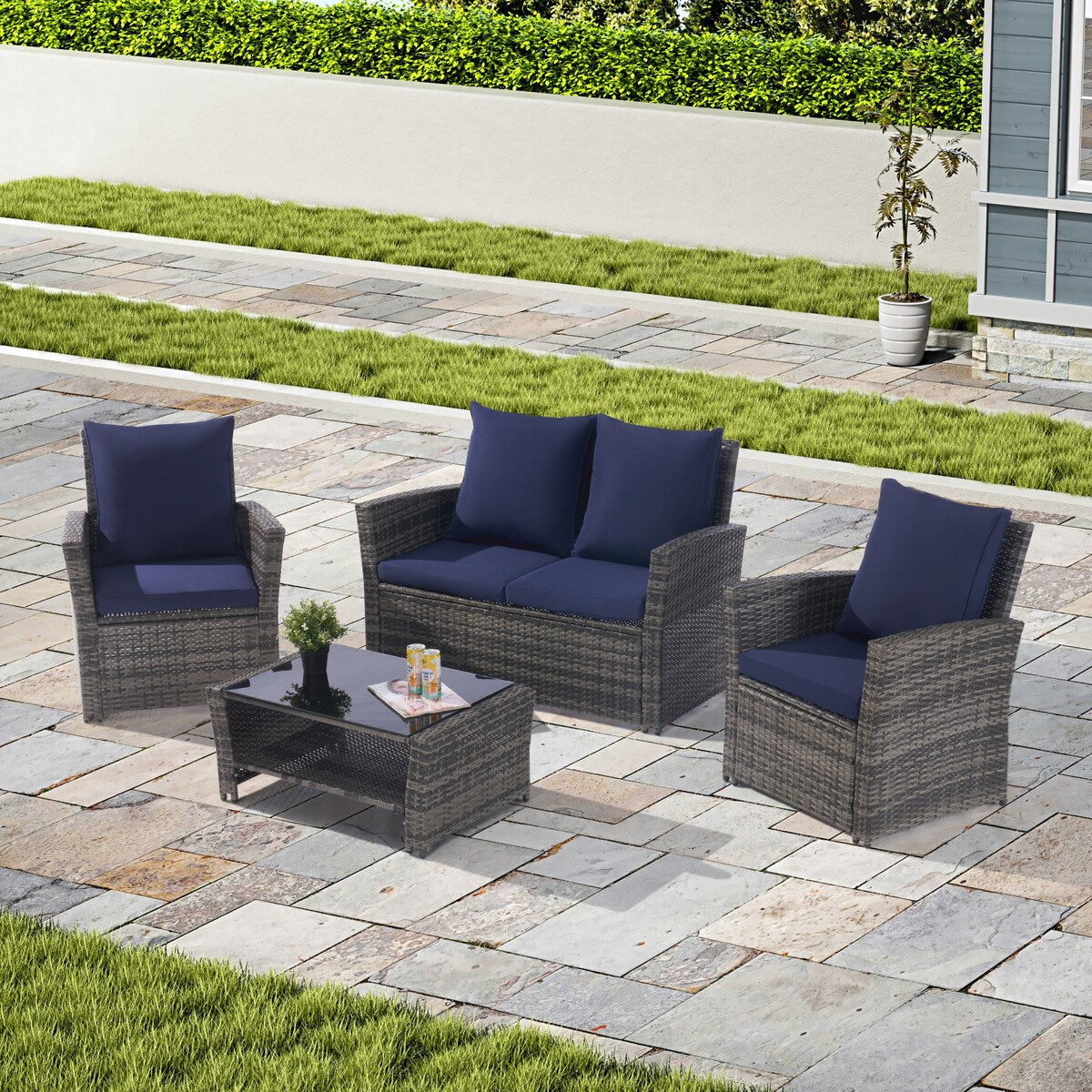 4 Pieces Patio Furniture Sets Rattan Chair Wicker Set, Poolside Lawn Chairs with Tempered Glass Coffee Table Porch Furniture