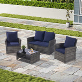4 Pieces Patio Furniture Sets Rattan Chair Wicker Set, Poolside Lawn Chairs with Tempered Glass Coffee Table Porch Furniture