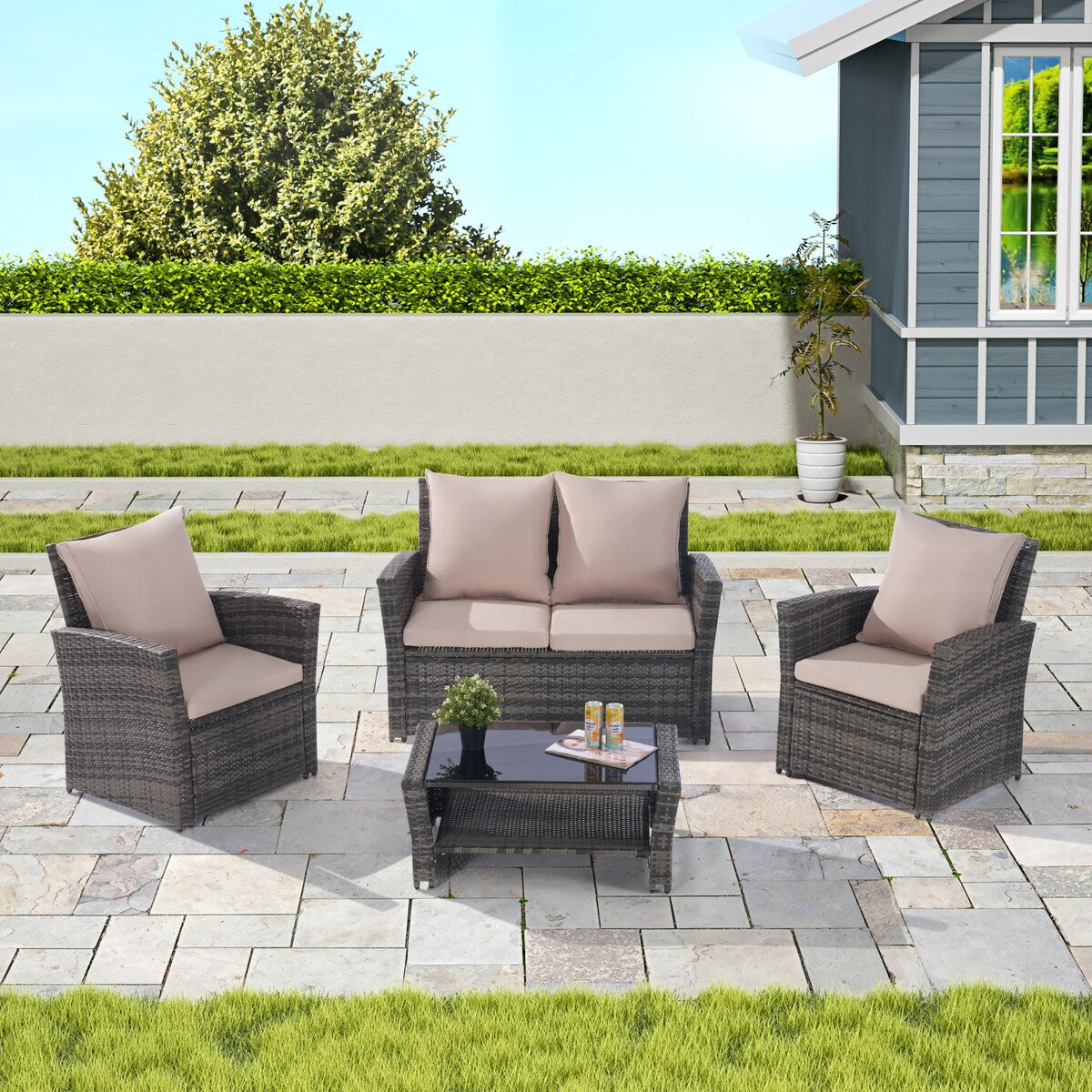4 Pieces Patio Furniture Sets Rattan Chair Wicker Set, Poolside Lawn Chairs with Tempered Glass Coffee Table Porch Furniture