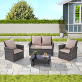 4 Pieces Patio Furniture Sets Rattan Chair Wicker Set, Poolside Lawn Chairs with Tempered Glass Coffee Table Porch Furniture