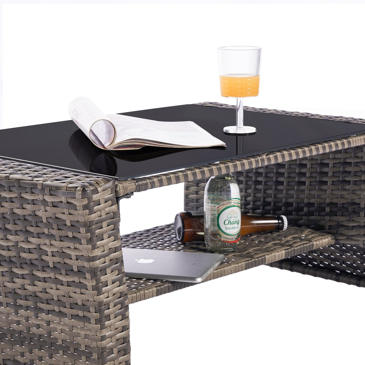 4 Pieces Patio Furniture Sets Rattan Chair Wicker Set, Poolside Lawn Chairs with Tempered Glass Coffee Table Porch Furniture