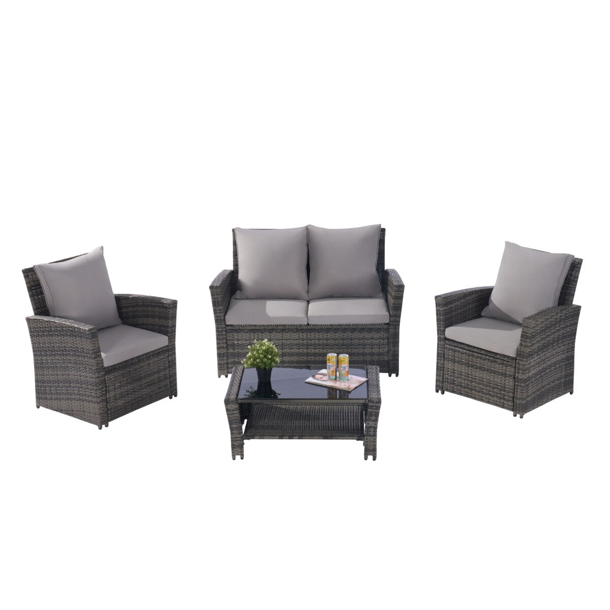 4 Pieces Patio Furniture Sets Rattan Chair Wicker Set, Poolside Lawn Chairs with Tempered Glass Coffee Table Porch Furniture