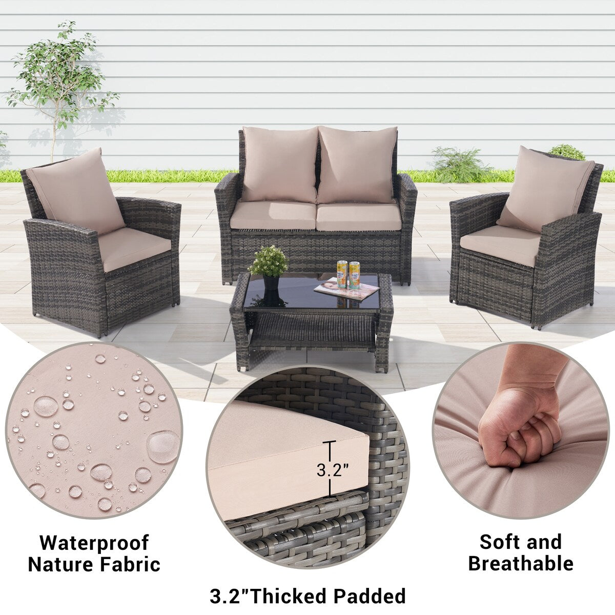 4 Pieces Patio Furniture Sets Rattan Chair Wicker Set, Poolside Lawn Chairs with Tempered Glass Coffee Table Porch Furniture