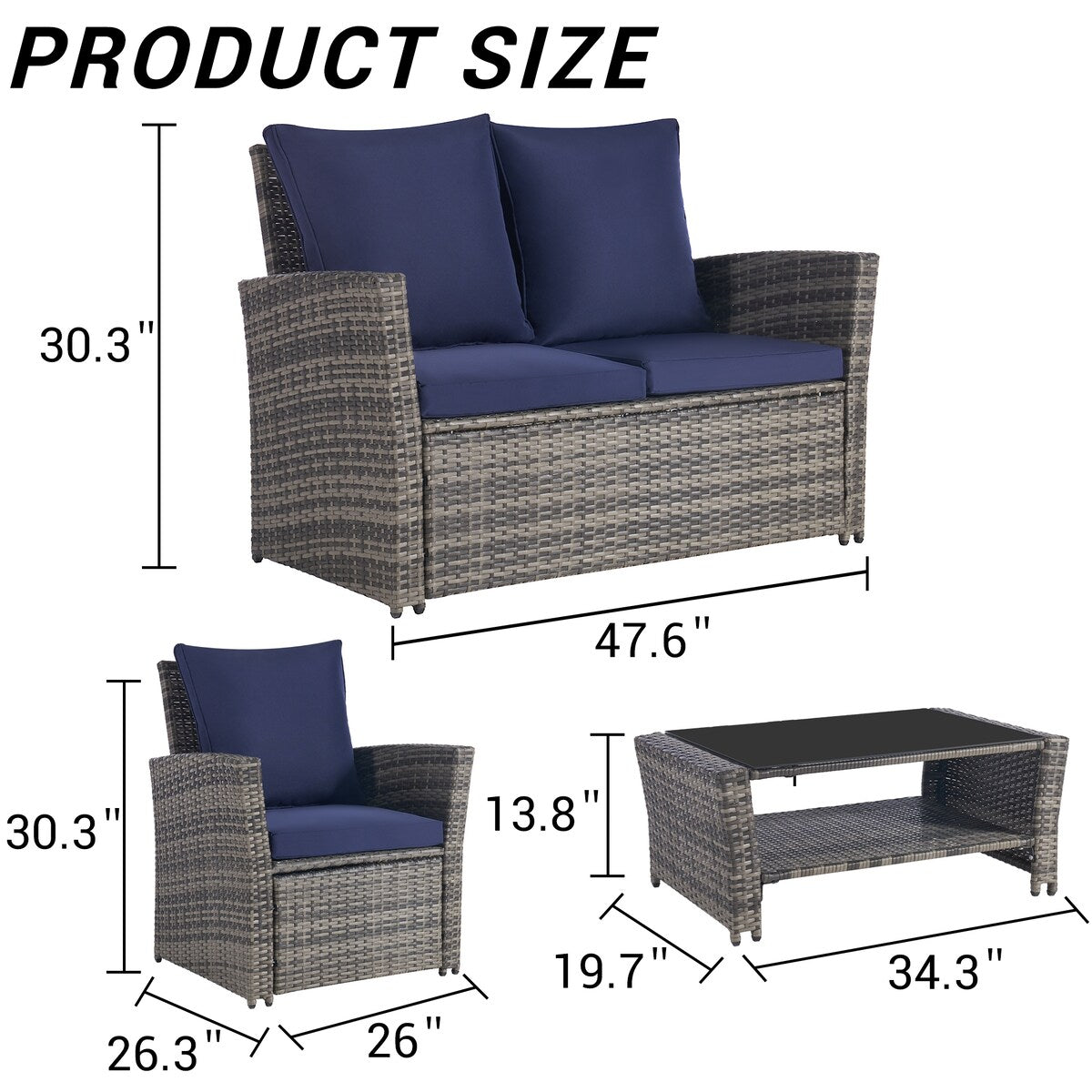 4 Pieces Patio Furniture Sets Rattan Chair Wicker Set, Poolside Lawn Chairs with Tempered Glass Coffee Table Porch Furniture