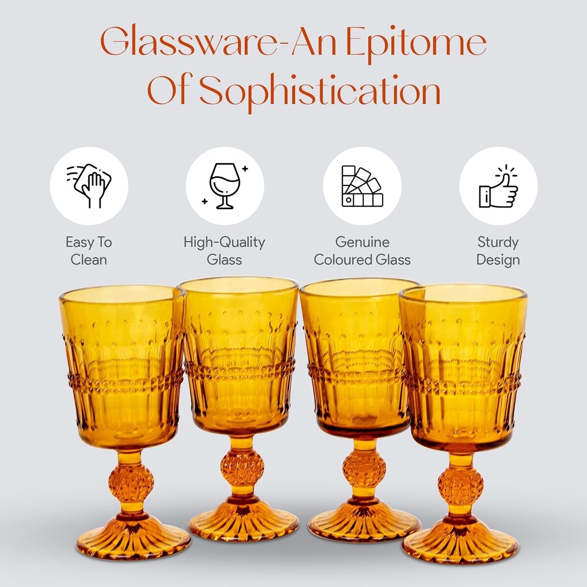 4-Pieces Vintage Amber Beaded Wine Glasses - 9 Ounce