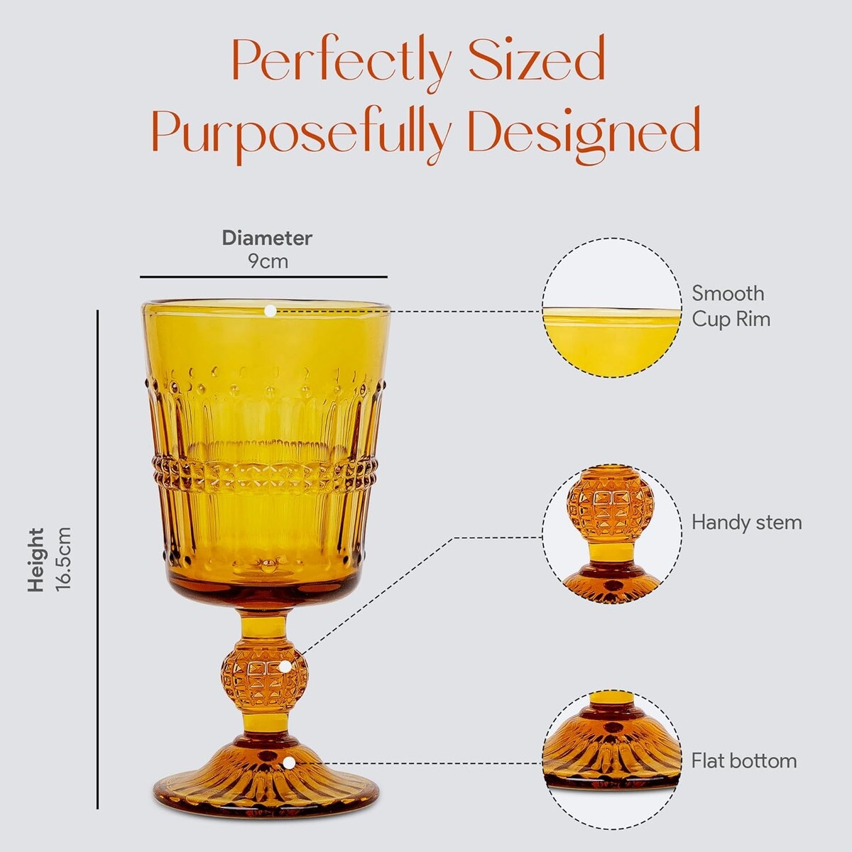 4-Pieces Vintage Amber Beaded Wine Glasses - 9 Ounce