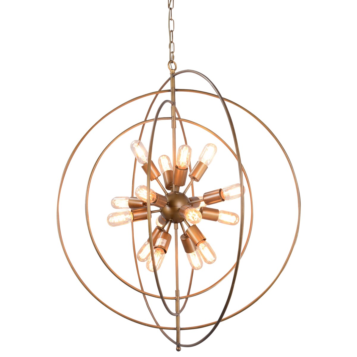 4 Rings Orb Shape 16 Light Metal Chandelier, Antique Brass