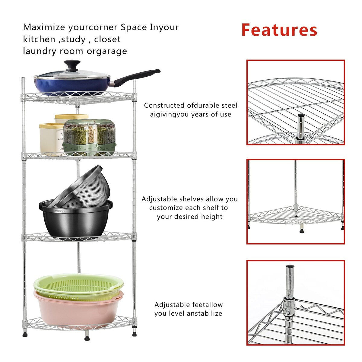 4-Shelf Corner Shelf Rack Adjustable Storage Display Rack
