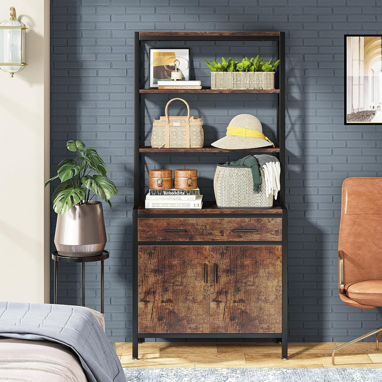 4 Shelf Tall Bookshelf with Drawer and Cabinet, 68-inch Bookcase with Doors, Book Shelves Storage Cabinet Display Rack