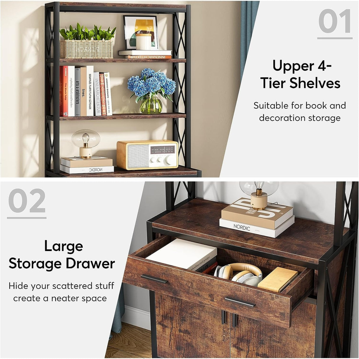 4 Shelf Tall Bookshelf with Drawer and Cabinet, 68-inch Bookcase with Doors, Book Shelves Storage Cabinet Display Rack