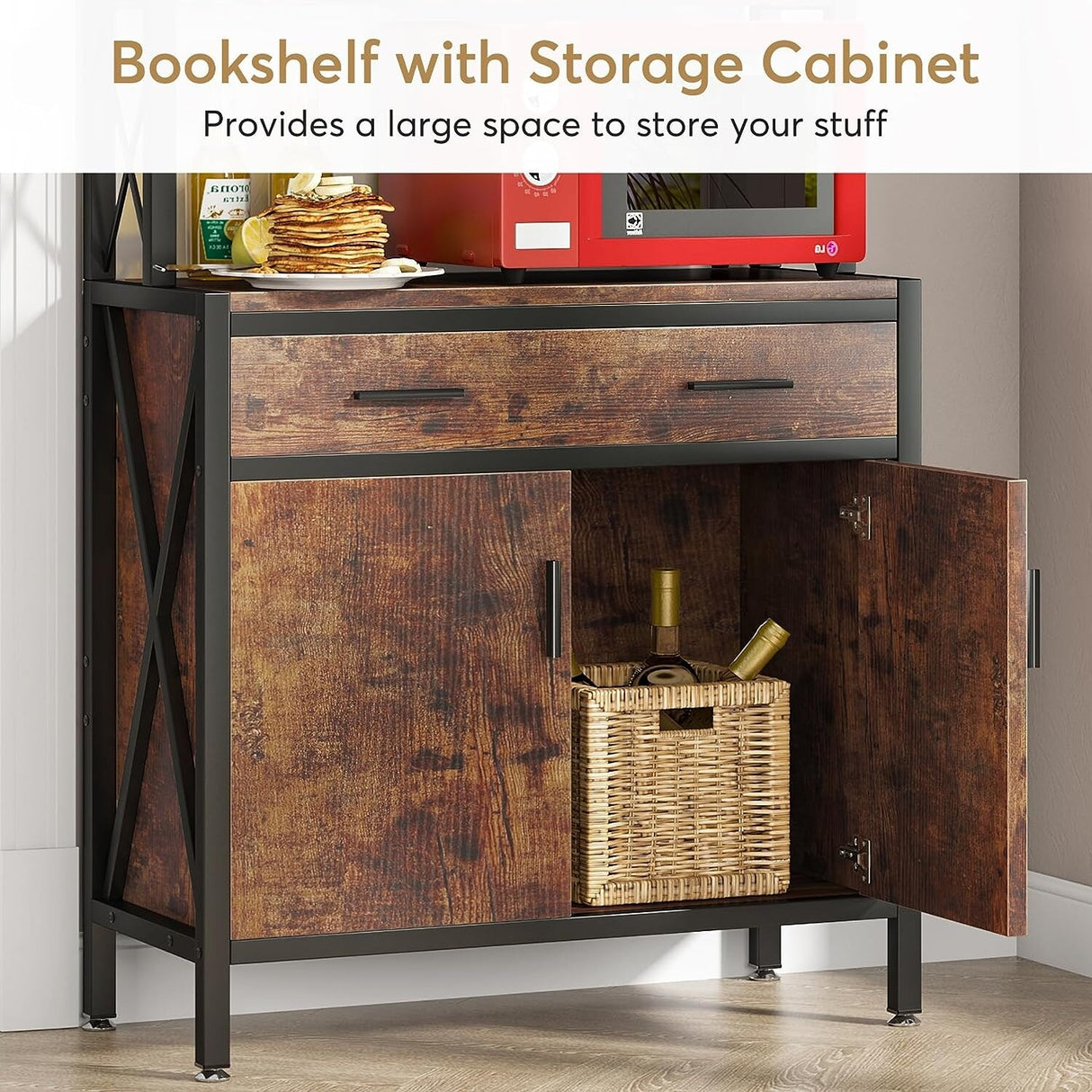 4 Shelf Tall Bookshelf with Drawer and Cabinet, 68-inch Bookcase with Doors, Book Shelves Storage Cabinet Display Rack