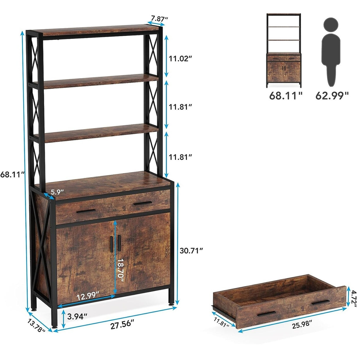 4 Shelf Tall Bookshelf with Drawer and Cabinet, 68-inch Bookcase with Doors, Book Shelves Storage Cabinet Display Rack