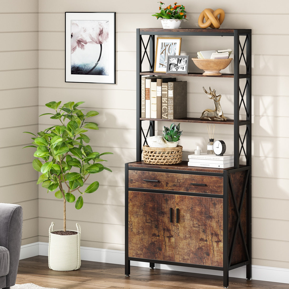 4 Shelf Tall Bookshelf with Drawer and Cabinet, 68-inch Bookcase with Doors, Book Shelves Storage Cabinet Display Rack
