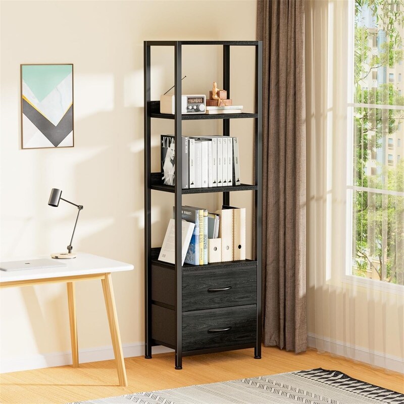 4-Tier Corner Shelf, Bookshelf with 2 Storage Drawers - 10.63"D x 15.75"W x 57.28"H