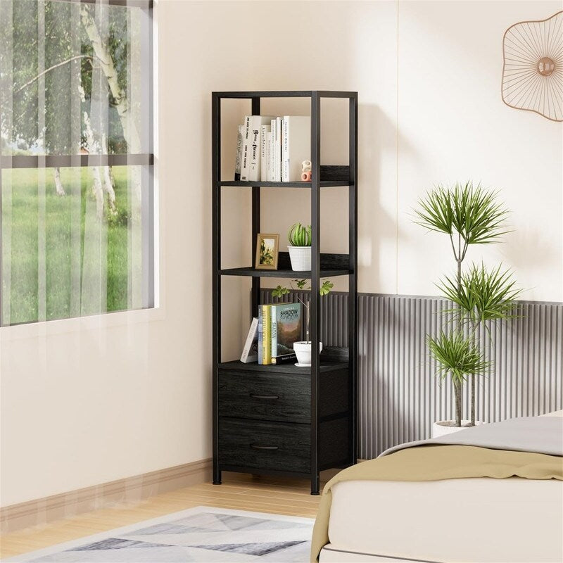 4-Tier Corner Shelf, Bookshelf with 2 Storage Drawers - 10.63"D x 15.75"W x 57.28"H