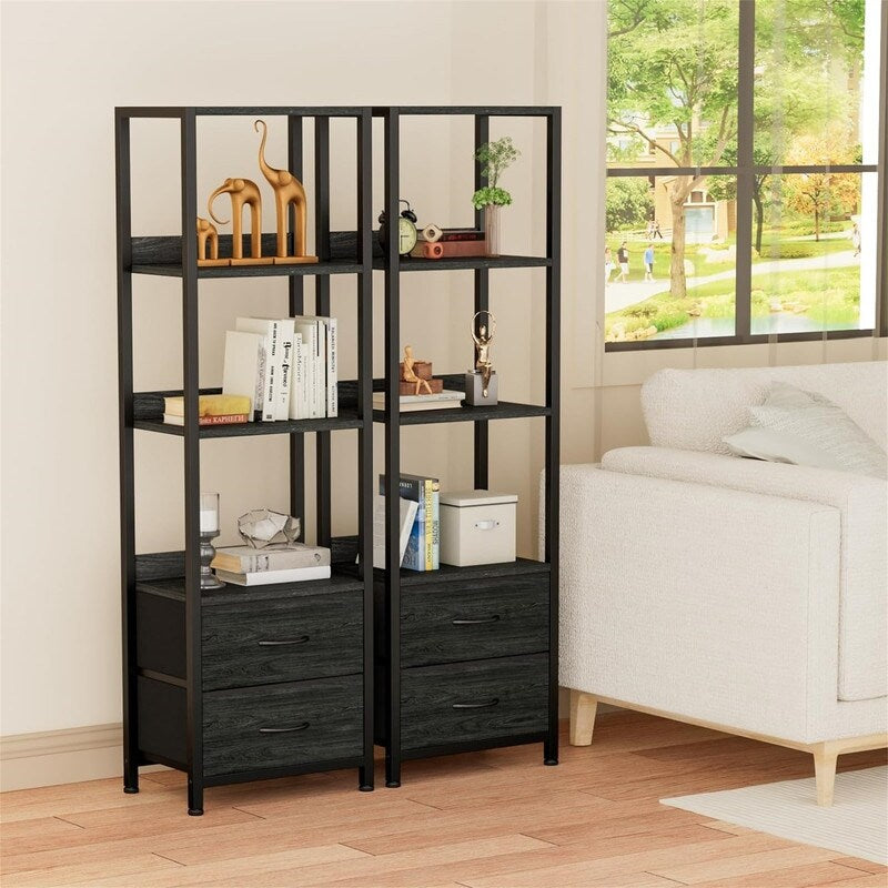 4-Tier Corner Shelf, Bookshelf with 2 Storage Drawers - 10.63"D x 15.75"W x 57.28"H