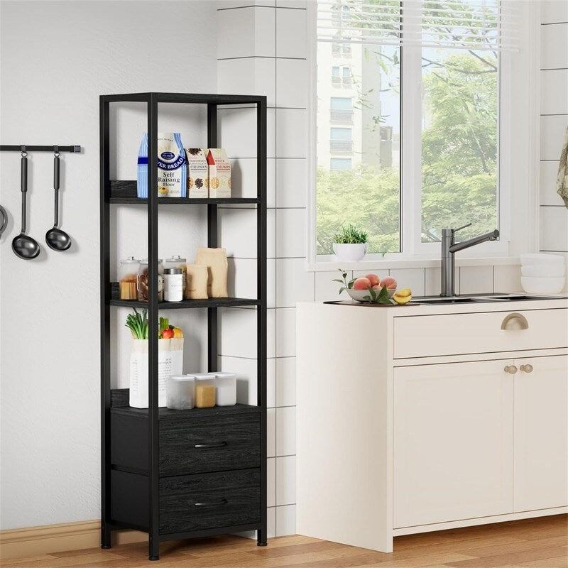 4-Tier Corner Shelf, Bookshelf with 2 Storage Drawers - 10.63"D x 15.75"W x 57.28"H