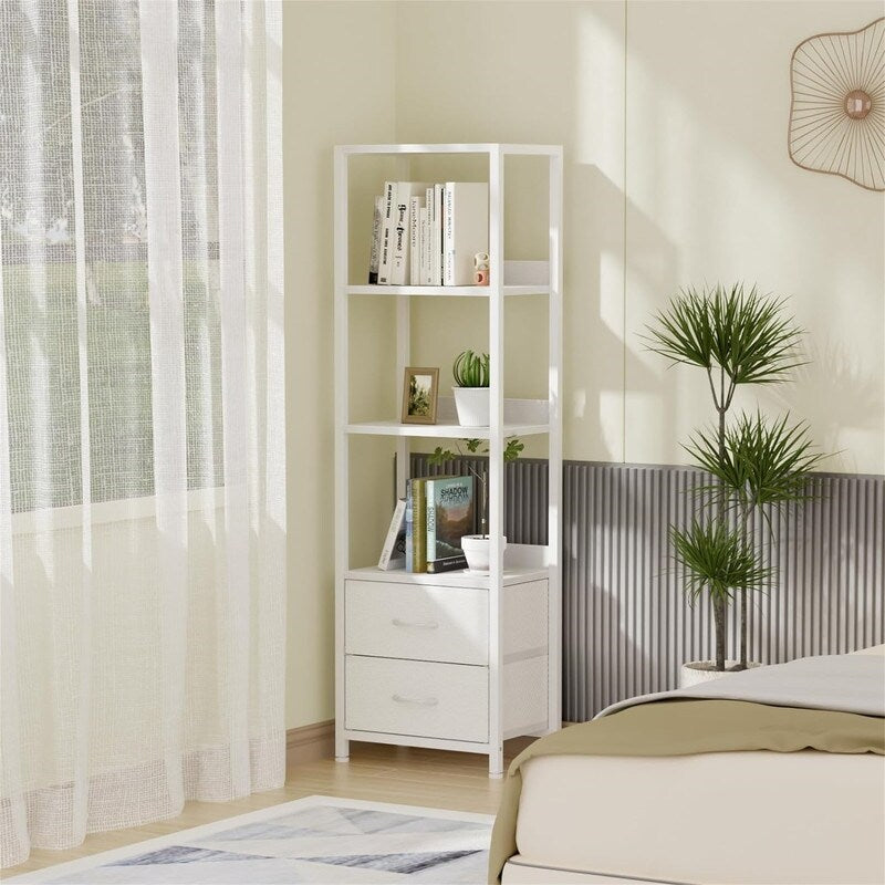 4-Tier Corner Shelf, Bookshelf with 2 Storage Drawers - 10.63"D x 15.75"W x 57.28"H