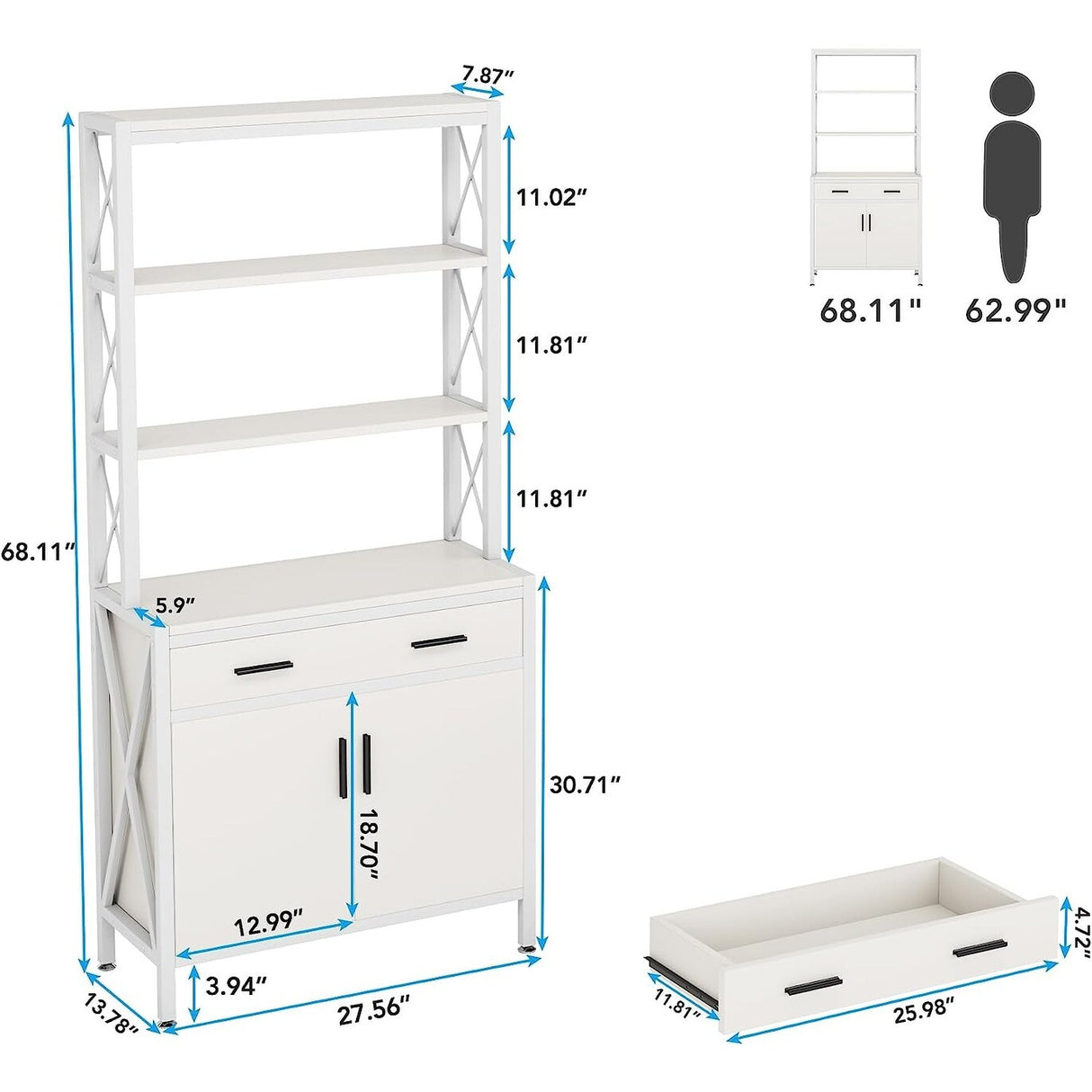4 Shelf Tall Bookshelf with Drawer and Cabinet, 68-inch Bookcase with Doors, Book Shelves Storage Cabinet Display Rack