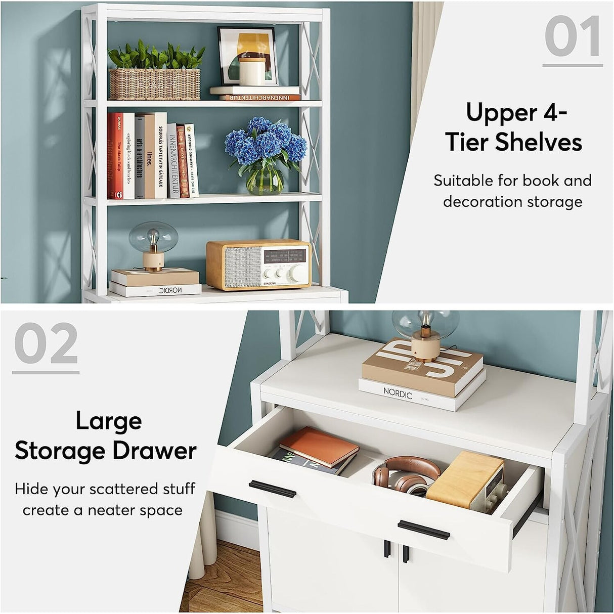 4 Shelf Tall Bookshelf with Drawer and Cabinet, 68-inch Bookcase with Doors, Book Shelves Storage Cabinet Display Rack
