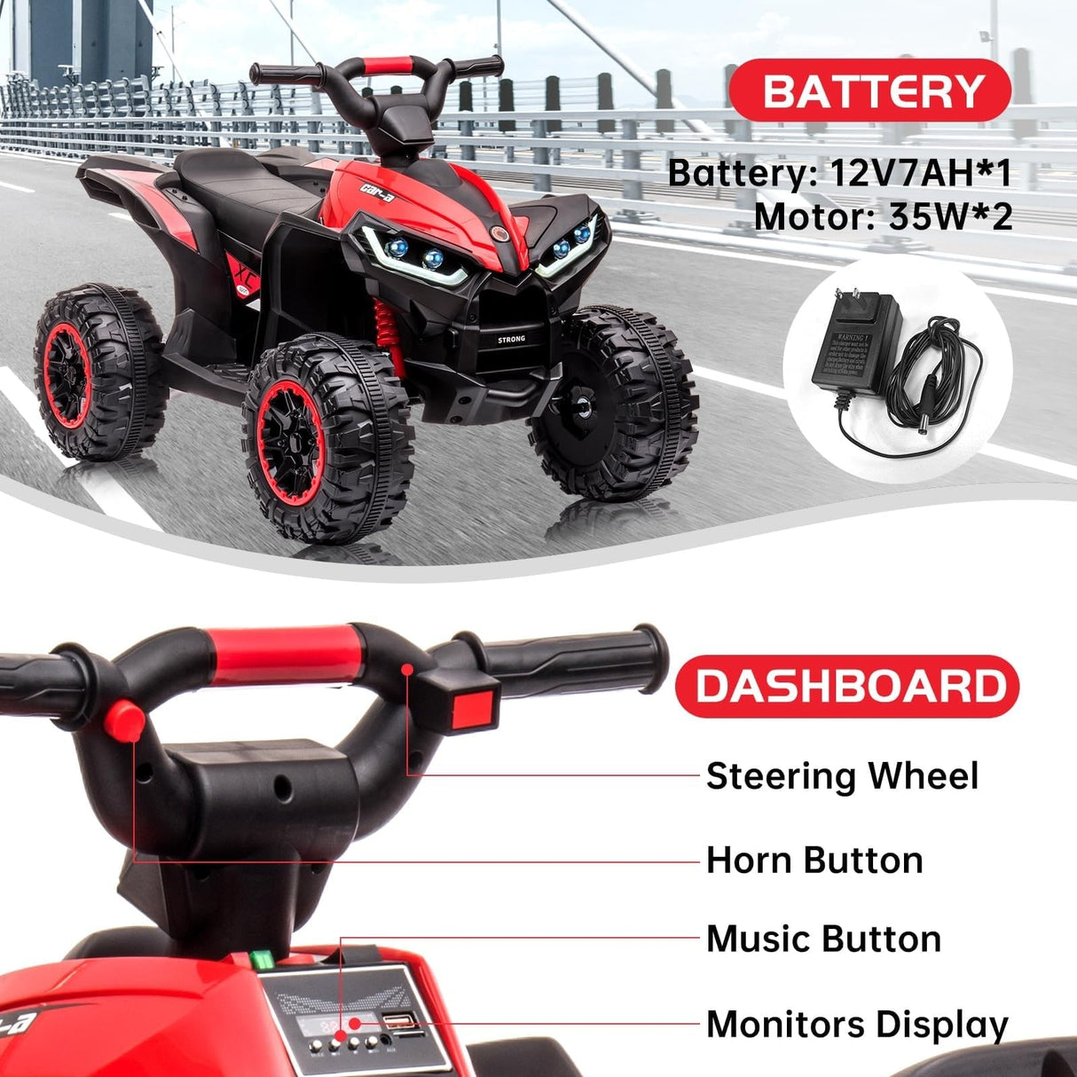 4-Wheeler Off-Road 4WD Car Toy 12V Kids Ride-On Electric ATV
