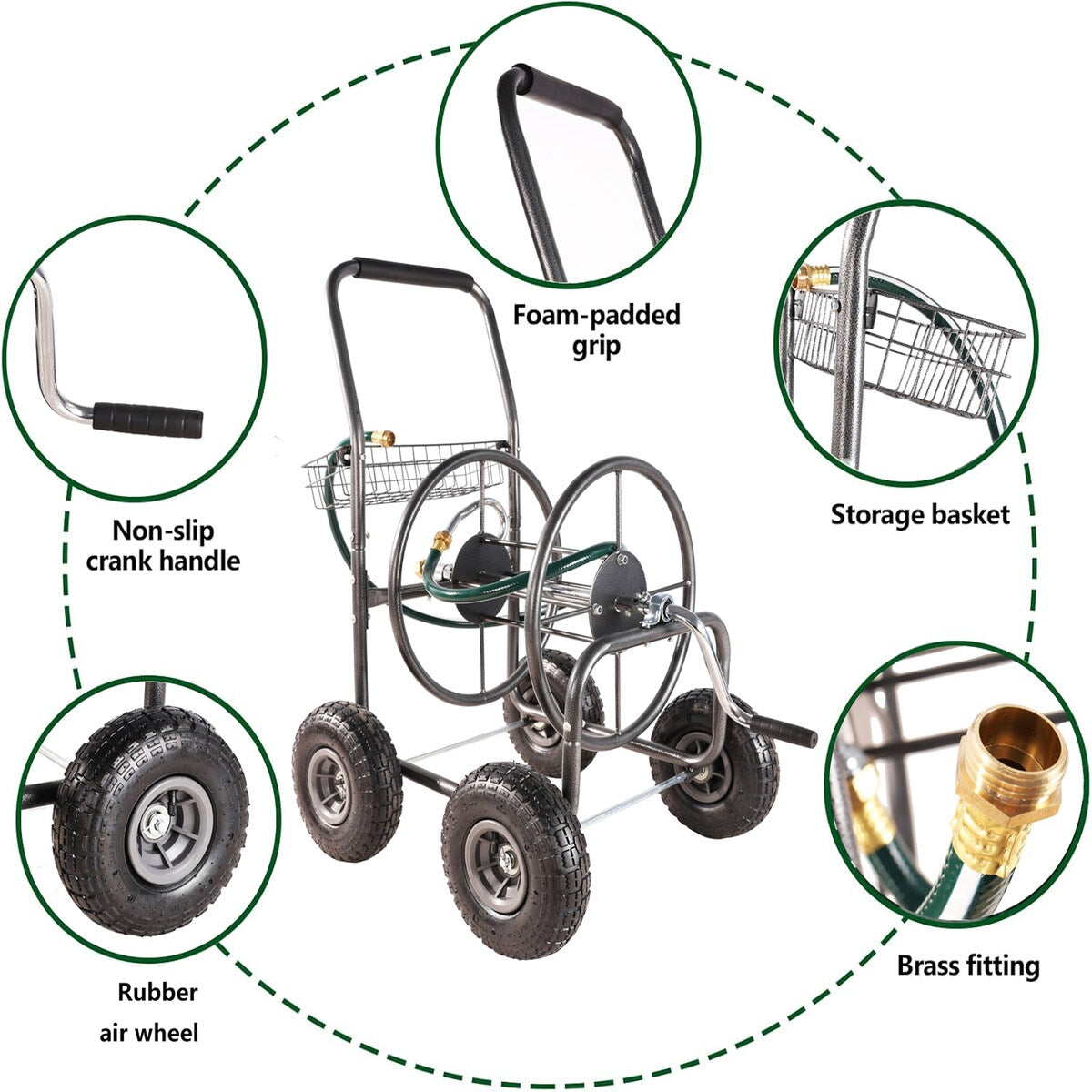 4 Wheels Portable Garden Hose Reel Cart with Storage Basket - 4 Wheels