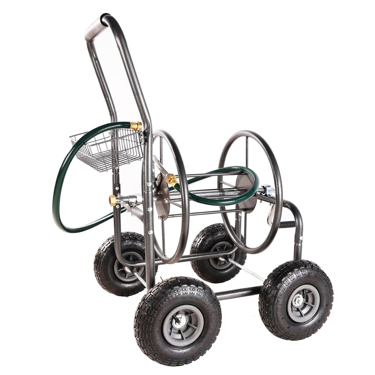 4 Wheels Portable Garden Hose Reel Cart with Storage Basket - 4 Wheels