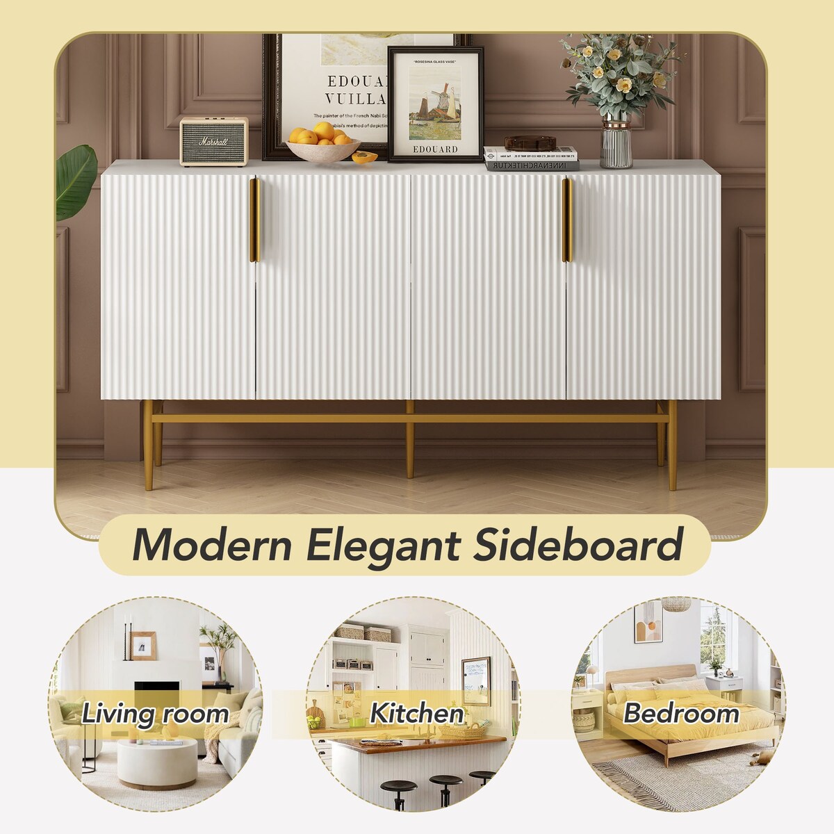 4-door Sideboard Buffet Cabinet with Gold Metal Handle - 60"L x 15.2"W x 31.5"H