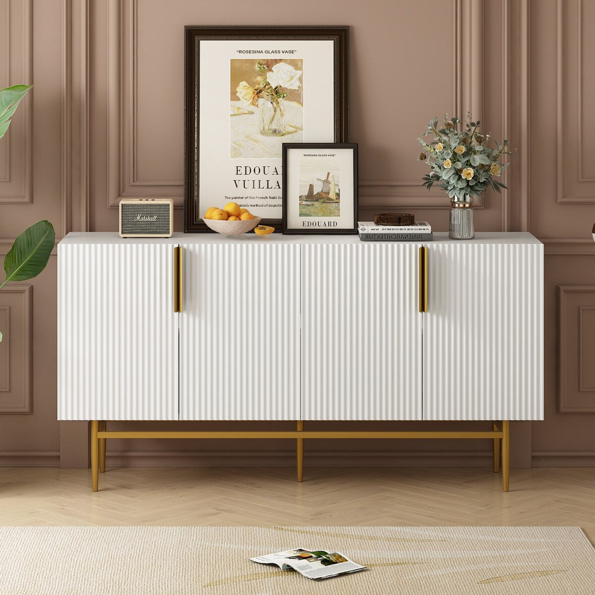 4-door Sideboard Buffet Cabinet with Gold Metal Handle - 60"L x 15.2"W x 31.5"H