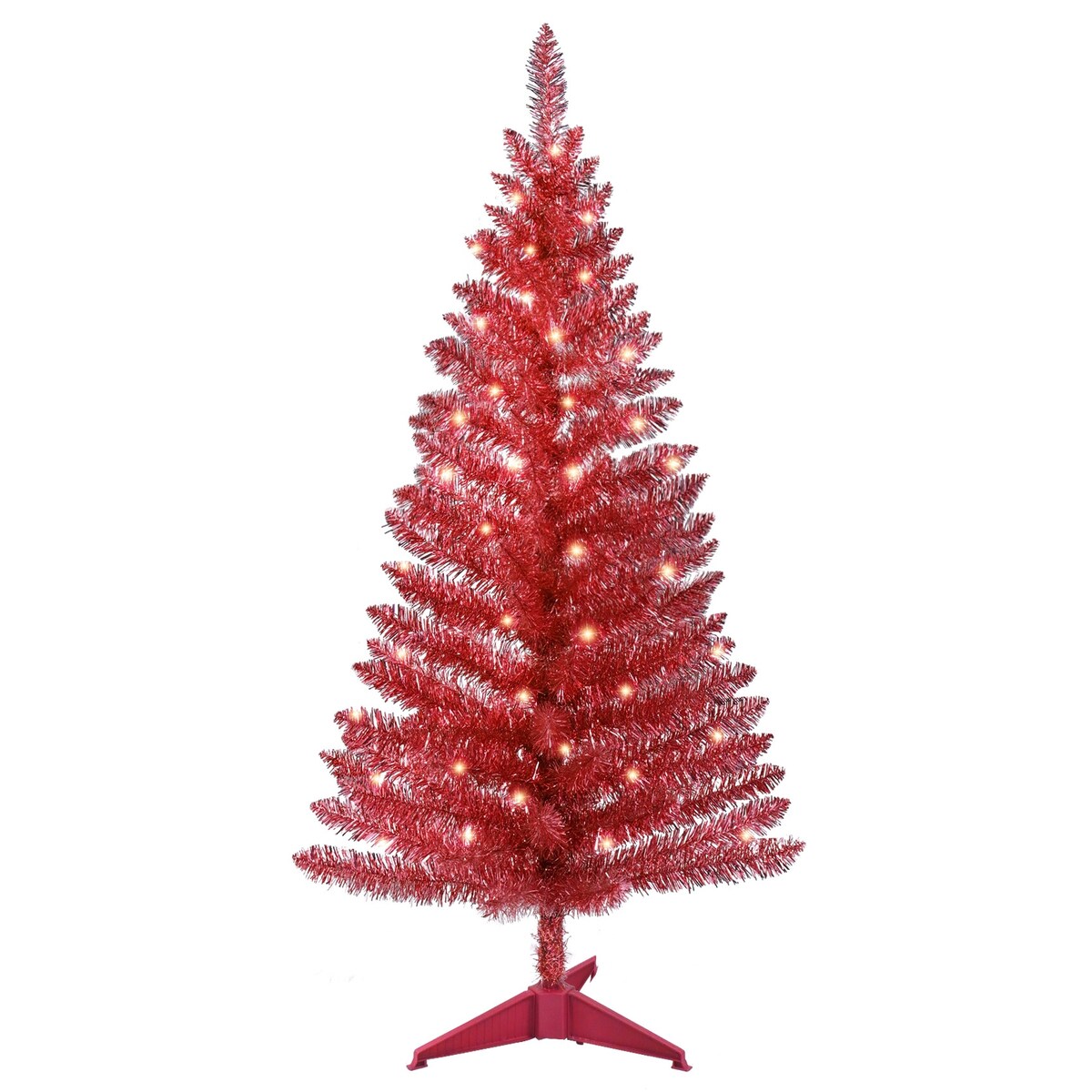 4 ft. Tinsel Tree - red, with Clear Lights - 25*25*48