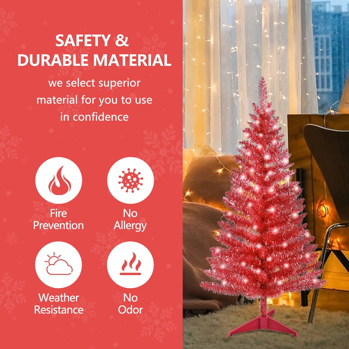 4 ft. Tinsel Tree - red, with Clear Lights - 25*25*48