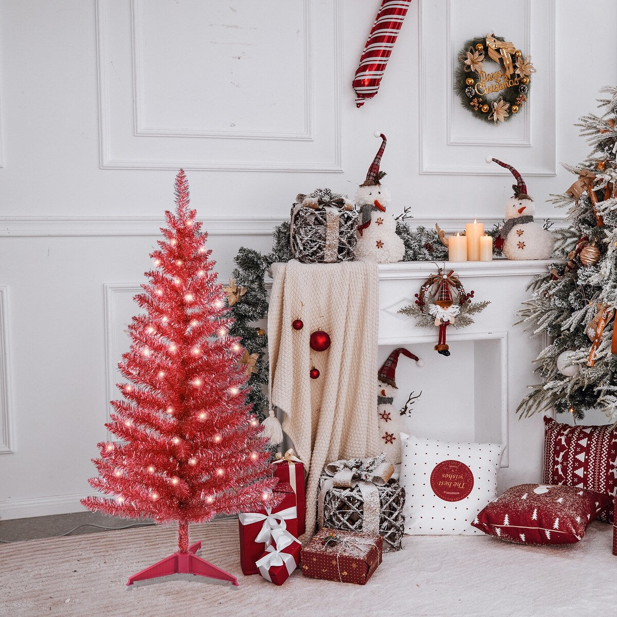4 ft. Tinsel Tree - red, with Clear Lights - 25*25*48