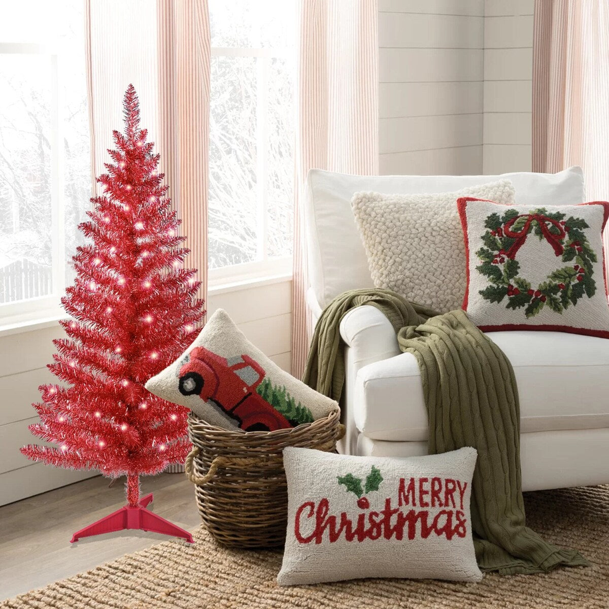 4 ft. Tinsel Tree - red, with Clear Lights - 25*25*48