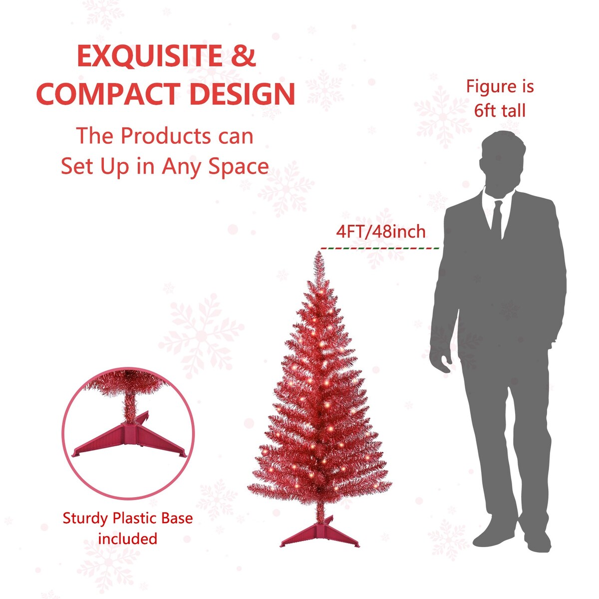 4 ft. Tinsel Tree - red, with Clear Lights - 25*25*48