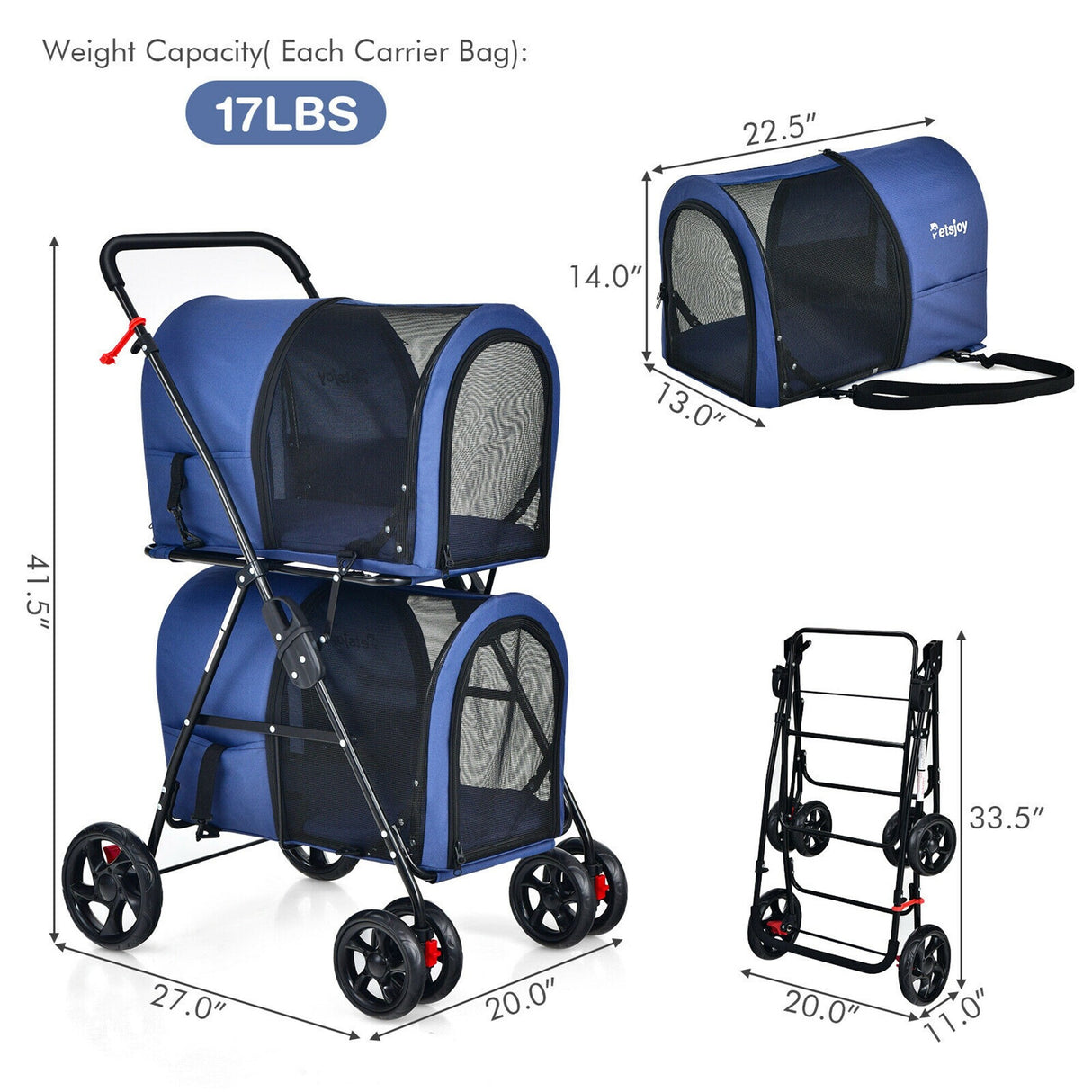4-in-1 Double Pet Stroller w/ Detachable Carrier Travel Carriage