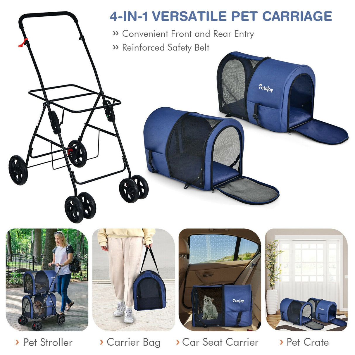 4-in-1 Double Pet Stroller w/ Detachable Carrier Travel Carriage