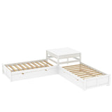 4 in 1 L-shaped Corner Bed Twin Floor Storage Platform Bed with 2 Trundle for 4 Person, 117.3''L*117.3''W*30.2''H, 195LBS