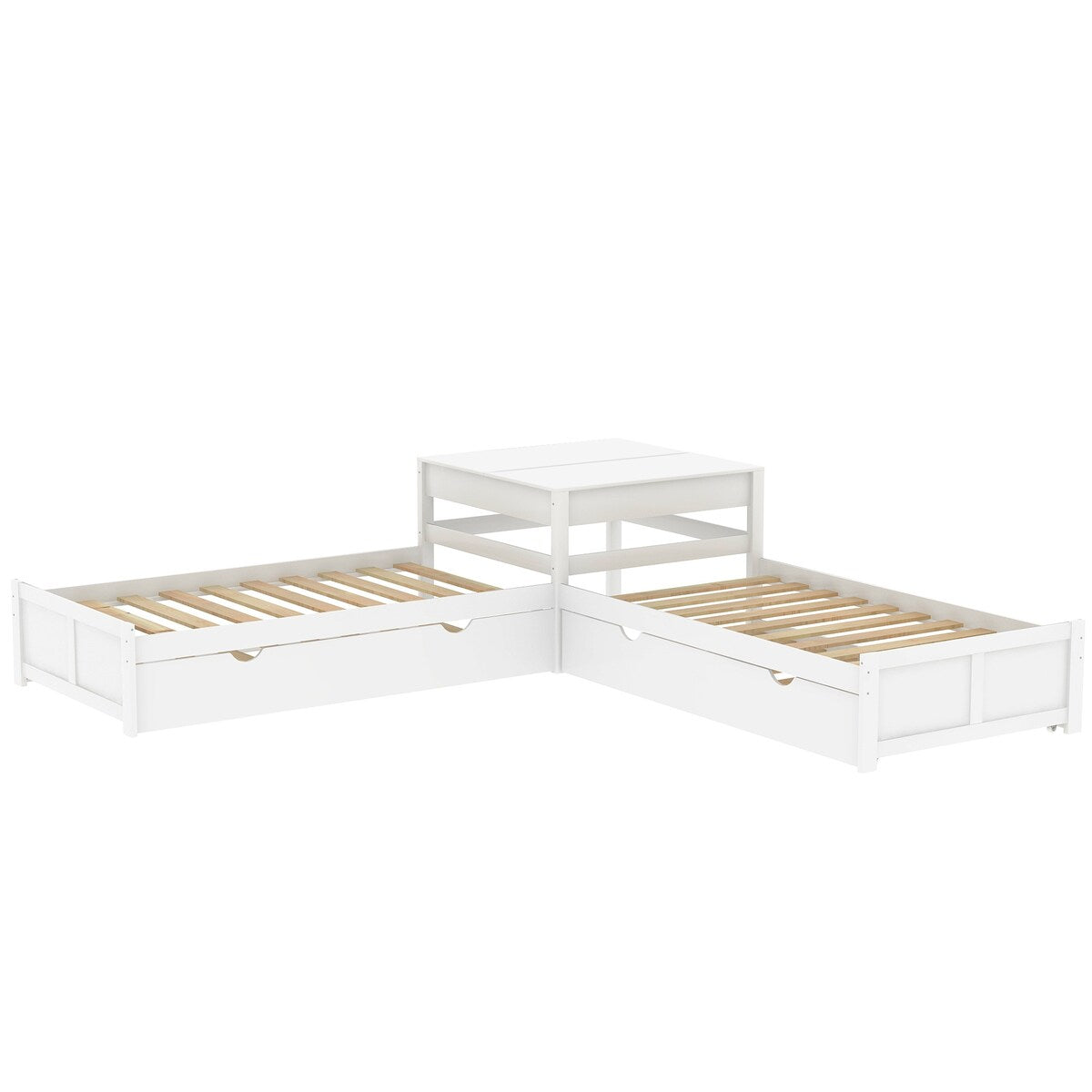 4 in 1 L-shaped Corner Bed Twin Floor Storage Platform Bed with 2 Trundle for 4 Person, 117.3''L*117.3''W*30.2''H, 195LBS