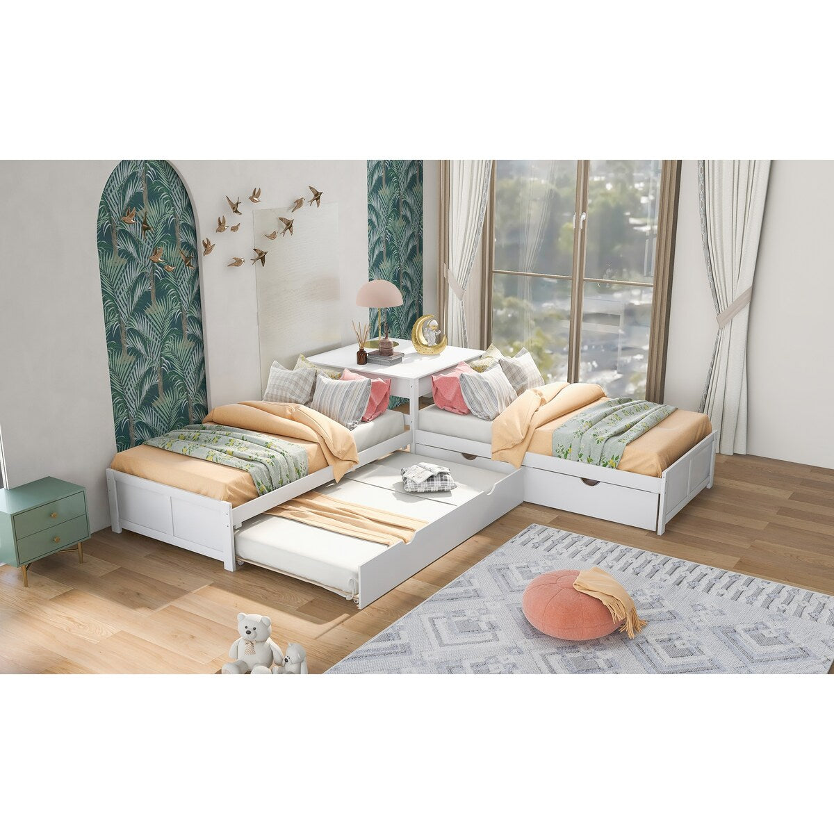 4 in 1 L-shaped Corner Bed Twin Floor Storage Platform Bed with 2 Trundle for 4 Person, 117.3''L*117.3''W*30.2''H, 195LBS