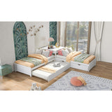 4 in 1 L-shaped Corner Bed Twin Floor Storage Platform Bed with 2 Trundle for 4 Person, 117.3''L*117.3''W*30.2''H, 195LBS