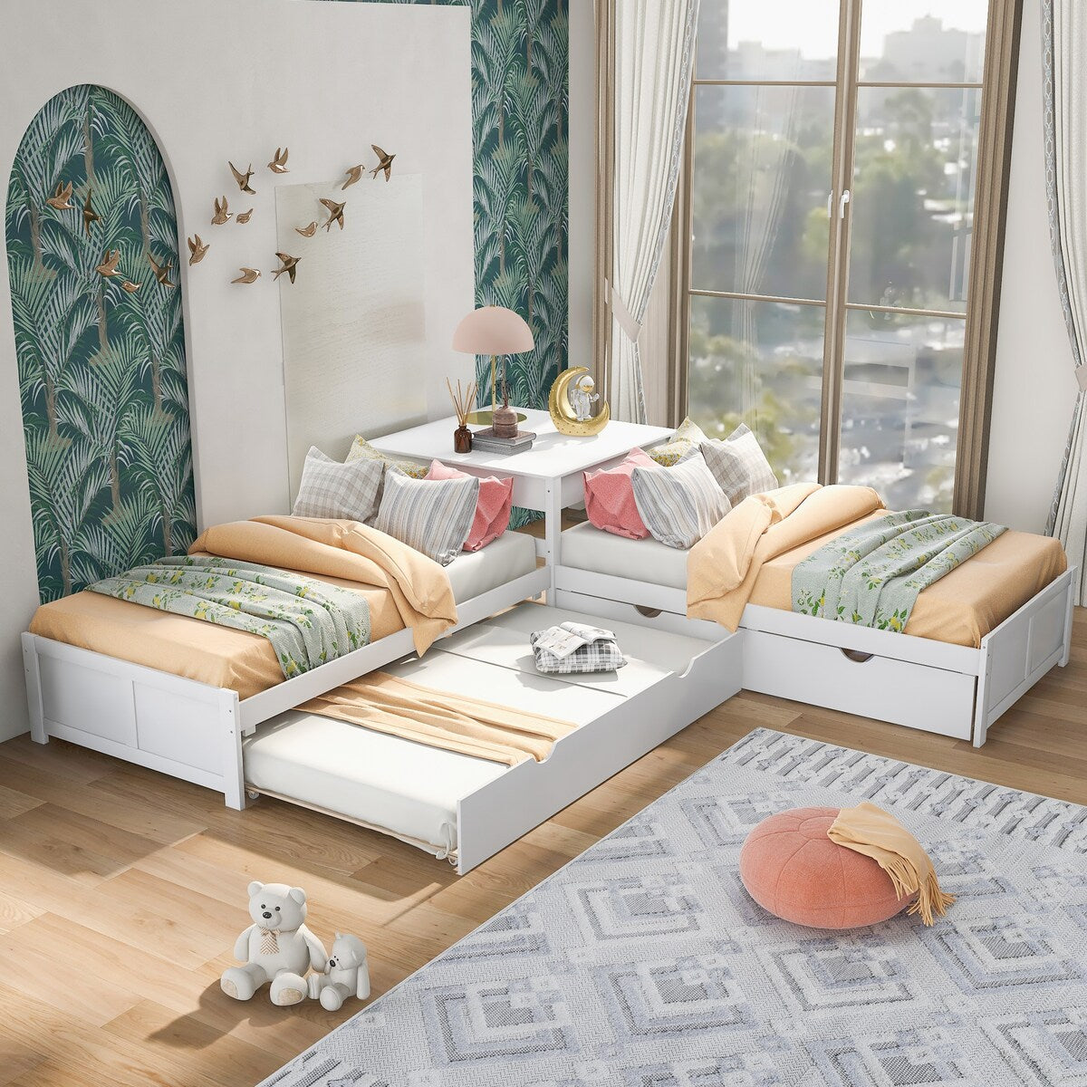 4 in 1 L-shaped Corner Bed Twin Floor Storage Platform Bed with 2 Trundle for 4 Person, 117.3''L*117.3''W*30.2''H, 195LBS