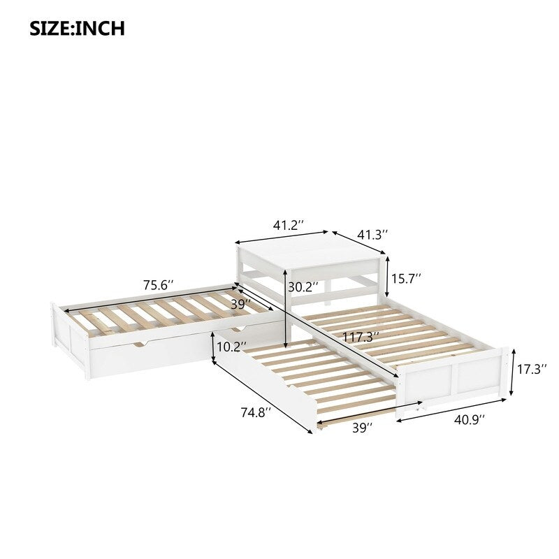 4 in 1 L-shaped Corner Bed Twin Floor Storage Platform Bed with 2 Trundle for 4 Person, 117.3''L*117.3''W*30.2''H, 195LBS