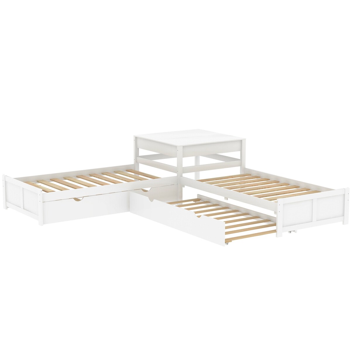 4 in 1 L-shaped Corner Bed Twin Floor Storage Platform Bed with 2 Trundle for 4 Person, 117.3''L*117.3''W*30.2''H, 195LBS