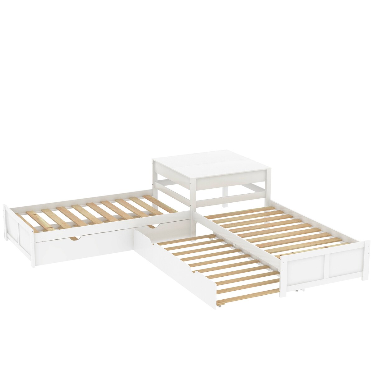 4 in 1 L-shaped Corner Bed Twin Floor Storage Platform Bed with 2 Trundle for 4 Person, 117.3''L*117.3''W*30.2''H, 195LBS